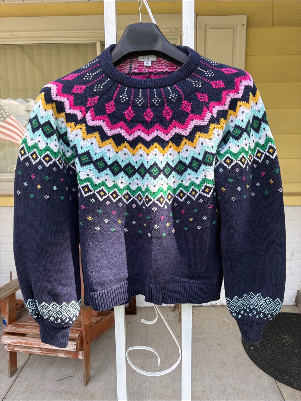 crown & ivy Navy Fair Isle Crewneck Sweater with Pink, Yellow & Mint Accents